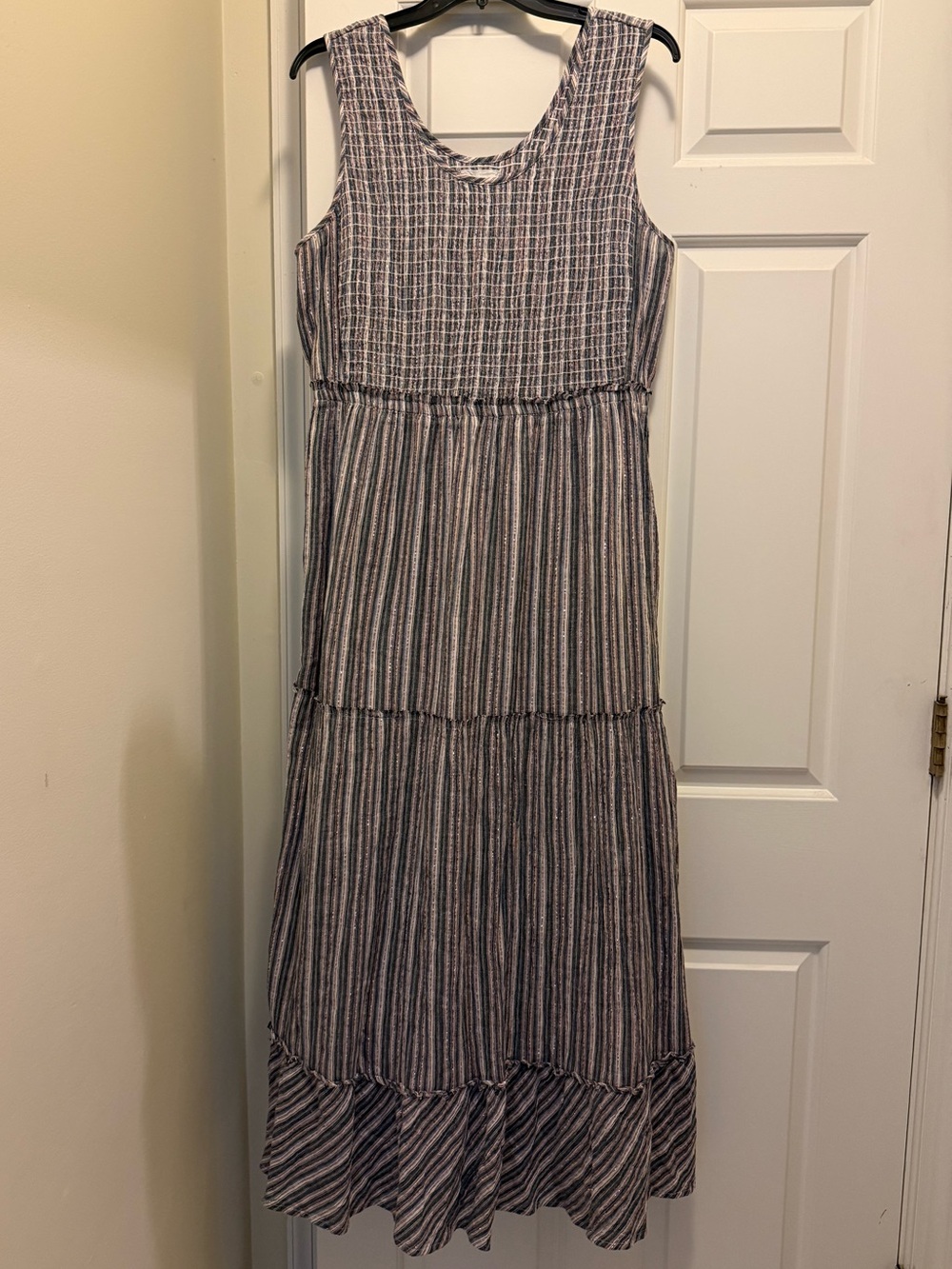 Caslon Sleeveless Tiered Maxi Dress - Blue, Silver, Pink and White Stripes